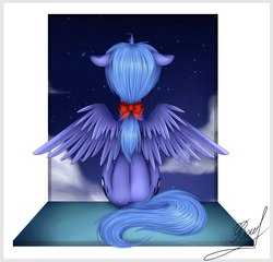 Size: 1606x1544 | Tagged: safe, artist:twotiedbows, princess luna, pony, my little brony risovach, g4, both cutie marks, bow, butt, female, floppy ears, hair bow, plot, s1 luna, solo