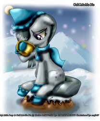 Size: 1427x1719 | Tagged: safe, artist:captainmexico, marble pie, earth pony, pony, g4, boots, chocolate, clothes, cold, drinking, female, floppy ears, food, hat, hoof hold, hot chocolate, mare, scarf, shoes, snow, solo, winter