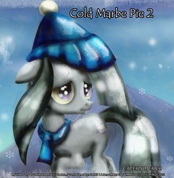 Size: 660x676 | Tagged: safe, artist:captainmexico, marble pie, earth pony, pony, g4, clothes, cold, female, floppy ears, hat, mare, raised hoof, sad, scarf, snow, snowfall, solo