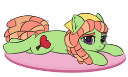 Size: 1138x687 | Tagged: safe, artist:treekickerdraws, tree hugger, earth pony, pony, g4, cute, female, looking at you, lying down, mare, simple background, solo, white background