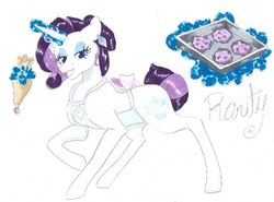 Size: 765x565 | Tagged: safe, artist:frozensoulpony, rarity, pony, g4, alternate universe, cupcake, female, food, icing bag, magic, solo, traditional art, tray