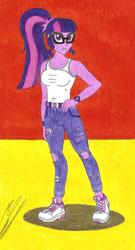 Size: 3567x6629 | Tagged: safe, artist:metaldudepl666, sci-twi, twilight sparkle, equestria girls, g4, absurd resolution, alternate clothes, breasts, clothes, female, fetish, jeans, pants, ripped jeans, shoes, sleeveless, sneakers, sneakers fetish, solo, tank top, traditional art