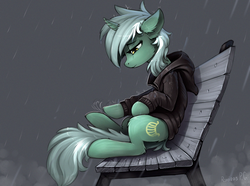 Size: 1627x1208 | Tagged: safe, artist:ramiras, lyra heartstrings, pony, unicorn, fanfic:background pony, g4, bench, clothes, crying, curved horn, depressed, dig the swell hoodie, emo, emo lyra, female, hoodie, horn, mare, rain, sad, sitting, solo, sweater