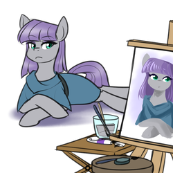Size: 750x750 | Tagged: safe, artist:cosmalumi, boulder (g4), maud pie, earth pony, pony, g4, canvas, duo, female, mare, paintbrush, painting, prone, simple background
