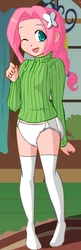 Size: 183x565 | Tagged: safe, artist:wolf, fluttershy, human, g4, braid, clothes, diaper, diapershy, female, humanized, magical friends, non-baby in diaper, solo, stockings, sweater, sweatershy, thigh highs