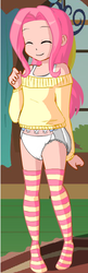 Size: 184x565 | Tagged: safe, artist:wolf, fluttershy, human, g4, clothes, diaper, diapershy, female, humanized, magical friends, non-baby in diaper, socks, solo, stockings, striped socks, sweater, sweatershy, thigh highs