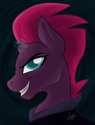 Size: 1147x1500 | Tagged: safe, artist:wiggles, tempest shadow, pony, unicorn, g4, my little pony: the movie, broken horn, bust, evil smile, female, grin, horn, mare, portrait, smiling, solo