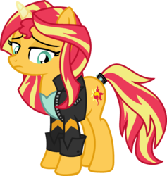 Size: 1675x1765 | Tagged: safe, artist:meimisuki, artist:starryoak, sunset shimmer, pony, unicorn, miracleverse, g4, alternate hairstyle, alternate universe, base used, clothes, equestria girls outfit, female, mare, ponified, simple background, solo, transparent background, vector