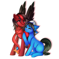 Size: 3000x3000 | Tagged: safe, artist:kurochhi, oc, oc only, earth pony, pegasus, pony, bandana, blushing, clothes, colored wings, commission, duo, eyes closed, female, high res, male, mare, scarf, simple background, sitting, smiling, spread wings, stallion, transparent background, wings
