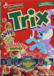 Size: 726x1024 | Tagged: safe, artist:souleataru, trixie, pony, unicorn, g4, a bug's life, cereal, disney, female, food, hopper, mare, pun, rearing, toy, trix