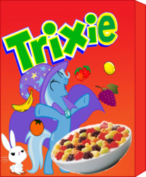 Size: 1020x1232 | Tagged: safe, artist:renacer87, angel bunny, trixie, pony, unicorn, g4, bipedal, cereal, female, food, happy, mare, pun, trix, unamused