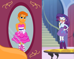 Size: 2793x2240 | Tagged: safe, artist:my-brony-side, rarity, oc, oc:cold front, equestria girls, g4, bow, clothes, clothes swap, crossdressing, dress, equestria girls-ified, fall formal outfits, glasses, high res, looking at you, mirror, shoes, smiling