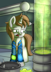 Size: 1447x2039 | Tagged: safe, artist:anonbelle, oc, oc only, oc:littlepip, pony, unicorn, fallout equestria, clothes, fanfic, fanfic art, female, hooves, horn, jumpsuit, mare, open mouth, pipbuck, radioactive, radioactive waste, solo, vault suit