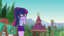 Size: 1280x720 | Tagged: safe, screencap, sci-twi, twilight sparkle, equestria girls, g4, my little pony equestria girls: legend of everfree, building, camp everfree outfits, clothes, female, gazebo, glasses, scenery, shorts, solo, tree