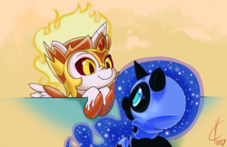 Size: 1920x1242 | Tagged: safe, artist:valcron, daybreaker, nightmare moon, alicorn, pony, a royal problem, g4, chibi, cute, daybweaker, diabreaker, duo, female, filly, mane of fire, moonabetes, nightmare woon, siblings, sisters