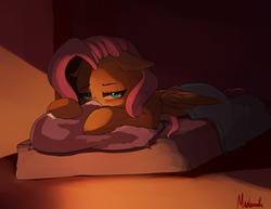 Size: 1400x1080 | Tagged: safe, artist:miokomata, fluttershy, pegasus, pony, g4, bed, female, floppy ears, folded wings, lying down, mare, pillow, prone, sleepy, solo, wings