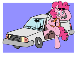 Size: 1600x1200 | Tagged: safe, artist:provolonepone, pinkie pie, pony, g4, what about discord?, abstract background, back to the future, bipedal, clown car physics, crossover, female, no pupils, pinkie klein, pinkie mcpie, reference, solo