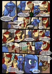 Size: 1240x1754 | Tagged: safe, artist:lunarcakez, princess luna, oc, oc:scarlett rain, earth pony, pony, comic:the origins of hollow shades, g4, cloak, clothes, comic, female, mare, s1 luna