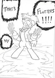 Size: 1700x2399 | Tagged: safe, artist:jmkplover, pony, angry, badass, bipedal, bone spike projection, clothes, crossover, dog tags, fangs, furious, implied fluttershy, jacket, monochrome, ponified, screaming, solo, traditional art, wolverine, x-men, yelling