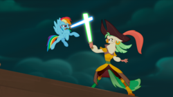Size: 1280x720 | Tagged: safe, edit, edited screencap, editor:mega-poneo, screencap, captain celaeno, rainbow dash, pony, anthro, g4, my little pony: the movie, anthro with ponies, fight, jedi, lightsaber, pirate rainbow dash, sparring, star wars, training, weapon