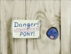 Size: 604x460 | Tagged: safe, artist:rupony, princess luna, alicorn, pony, g4, :3, :p, affection, cute, female, fence, lunabetes, mare, ponified animal photo, sign, silly, snoot, solo, tongue out, warning sign