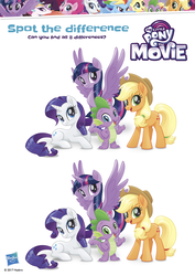 Size: 2480x3507 | Tagged: safe, applejack, fluttershy, queen novo, rainbow dash, rarity, spike, twilight sparkle, alicorn, dragon, earth pony, hippogriff, pegasus, pony, unicorn, g4, my little pony: the movie, official, activity book, alternate hairstyle, color change, eye color change, high res, missing freckles, missing horn, my little pony logo, pegasus twilight sparkle, race swap, spot the difference, twilight sparkle (alicorn)