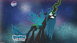 Size: 2560x1440 | Tagged: safe, queen chrysalis, changeling, changeling queen, g4, official, crown, female, guardians of harmony, jewelry, my little pony logo, regalia, solo, wallpaper
