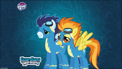 Size: 2560x1440 | Tagged: safe, soarin', spitfire, pony, g4, official, guardians of harmony, my little pony logo, wallpaper, wonderbolts