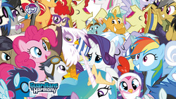 Size: 2560x1440 | Tagged: safe, blossomforth, cloudchaser, cranky doodle donkey, daring do, dj pon-3, flam, flim, flitter, gilda, octavia melody, pinkie pie, princess celestia, rainbow dash, rarity, rumble, snails, snips, soarin', sunset shimmer, thunderlane, twilight sparkle, twist, vinyl scratch, griffon, pony, g4, official, animal costume, chicken pie, chicken suit, clothes, costume, everypony, female, guardians of harmony, male, my little pony logo, self ponidox, wallpaper