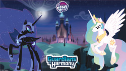 Size: 2560x1440 | Tagged: safe, nightmare moon, princess celestia, alicorn, pony, g4, official, castle of the royal pony sisters, female, flying, guardians of harmony, jewelry, mare, my little pony logo, regalia, wallpaper