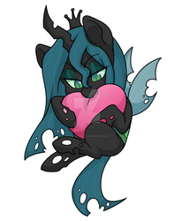 Size: 1024x1298 | Tagged: safe, artist:twisted-sketch, queen chrysalis, changeling, changeling queen, nymph, bronycon, g4, biting, chibi, cute, cutealis, deviantart watermark, digital art, female, heart, heart pillow, nom, obtrusive watermark, pillow, simple background, solo, sticker, watermark, white background