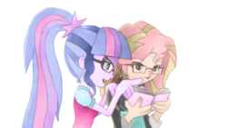 Size: 1024x576 | Tagged: safe, artist:root, derpibooru exclusive, sci-twi, sunset shimmer, twilight sparkle, equestria girls, g4, book, glasses, simple background, transparent background