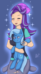 Size: 2130x3821 | Tagged: safe, artist:wolfy-pony, starlight glimmer, trixie, human, pony, unicorn, equestria girls, equestria girls specials, g4, my little pony equestria girls: mirror magic, :t, beanie, blue background, blushing, cute, eyes closed, female, glimmerbetes, happy, hat, high res, holding a pony, holding hooves, human coloration, human on pony hoof holding, humanized, kneeling, lesbian, mare, scrunchy face, ship:startrix, shipping, simple background, smiling, sparkles, unamused