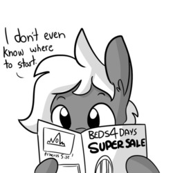 Size: 540x540 | Tagged: safe, artist:tjpones, oc, oc only, oc:treasure trotonopolis, earth pony, pony, horse wife, catalogue, comic, dialogue, ear fluff, grayscale, hoof hold, male, monochrome, reading, simple background, single panel, solo, stallion, white background