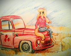 Size: 1107x864 | Tagged: safe, artist:kovoranu, applejack, earth pony, anthro, g4, clothes, crossed legs, female, field, jeans, pants, plaid shirt, sitting, solo, traditional art, truck
