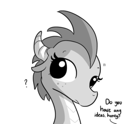 Size: 1280x1280 | Tagged: safe, artist:tjpones, oc, oc only, oc:dragon wife, dragon, horse wife, bust, dialogue, dragoness, female, grayscale, horn, looking back, monochrome, offscreen character, portrait, question mark, simple background, single panel, solo, white background