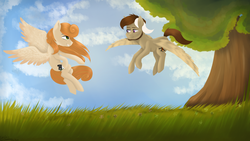 Size: 1920x1080 | Tagged: safe, artist:cottonaime, oc, oc only, oc:megan rouge, oc:novich, pegasus, pony, colt, day, detailed background, female, green eyes, male, megich, redhead, scenery, shipping, smiling, tree, violet eyes