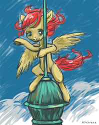 Size: 3012x3812 | Tagged: safe, artist:kovoranu, oc, oc only, pegasus, pony, high res, looking at you, rooftop, solo, spread wings, waving, windswept mane, wings