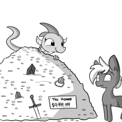 Size: 1280x1280 | Tagged: safe, artist:tjpones, oc, oc only, oc:dragon wife, oc:treasure trotonopolis, dragon, earth pony, pony, horse wife, coin, cute, dollar sign, dragon hoard, dragoness, ear fluff, female, gold, grayscale, hoard, jewelry, male, mattress, monochrome, simple background, single panel, stallion, sweat, sword, this will end in bankruptcy, treasure, weapon, white background
