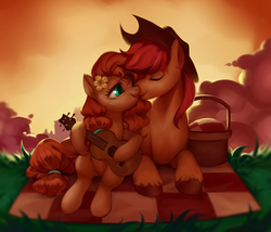 Size: 2400x2050 | Tagged: safe, artist:luciferamon, bright mac, pear butter, earth pony, pony, g4, the perfect pear, acoustic guitar, cowboy hat, female, freckles, guitar, hat, high res, husband and wife, male, mare, musical instrument, picnic, picnic blanket, ship:brightbutter, shipping, stallion, stetson, straight
