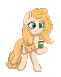 Size: 1784x2269 | Tagged: safe, artist:kovoranu, pear butter, earth pony, pony, g4, the perfect pear, female, flower, flower in hair, hoof hold, mare, simple background, smiling, solo, transparent background