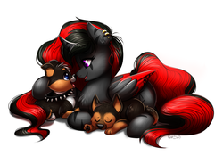 Size: 1543x1080 | Tagged: safe, artist:confetticakez, oc, oc only, oc:darknight, alicorn, dog, pony, collar, female, lying down, mare, paw pads, pet, puppy, red and black oc, simple background, white background