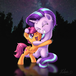 Size: 3026x3026 | Tagged: safe, artist:helmie-art, scootaloo, starlight glimmer, pegasus, pony, unicorn, g4, cute, cutealoo, duo, duo female, eyes closed, female, filly, friendshipping, high res, horn, hug, mare, night, scootalove, stars