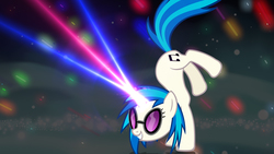 Size: 1920x1080 | Tagged: safe, artist:the-talkie-toaster, dj pon-3, vinyl scratch, pony, unicorn, g4, female, handstand, laser, magic, mare, smiling, solo, sunglasses, upside down, wallpaper