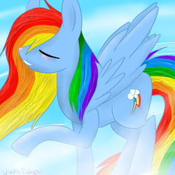 Size: 2000x2000 | Tagged: safe, artist:neko-apocalypse, rainbow dash, pegasus, pony, g4, alternate hairstyle, backwards cutie mark, eyes closed, female, long mane, mare, raised hoof, sky, smiling, solo, spread wings, windswept mane, wings