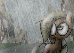 Size: 2119x1526 | Tagged: safe, artist:mushroomcookiebear, applejack, earth pony, pony, g4, female, hatless, looking up, mare, missing accessory, ponyville, rain, solo, wet, wet mane