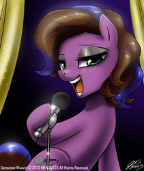 Size: 1200x1422 | Tagged: safe, artist:johnjoseco, oc, oc only, oc:gem, earth pony, pony, bedroom eyes, female, hoof hold, looking at you, mare, memj0123, microphone, singing, solo