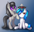 Size: 1600x1496 | Tagged: safe, artist:capseys, dj pon-3, octavia melody, vinyl scratch, earth pony, pony, unicorn, g4, accessory swap, female, gradient background, grin, happy, horn, lesbian, mare, rearing, record, ship:scratchtavia, shipping, silly, silly pony, simple background, sitting, smiling, the uses of unicorn horns, unamused, vinyl scratch is not amused, wrong eye color