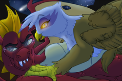 Size: 1020x680 | Tagged: safe, artist:bijutsuyoukai, garble, gilda, dragon, griffon, g4, crack shipping, female, glowing eyes, interspecies, male, pouting, ship:garilda, shipping, story included, straight