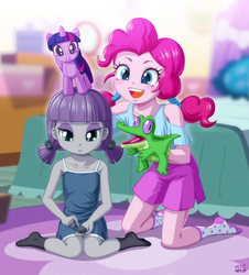 Size: 1200x1326 | Tagged: safe, artist:uotapo, boulder (g4), gummy, maud pie, pinkie pie, twilight sparkle, alicorn, pony, equestria girls, g4, 4de, age swap, blouse, clothes, cute, diapinkes, dress, duo, female, hand puppet, maudabetes, pigtails, plushie, puppet, rock, role reversal, shorts, sisters, skirt, socks, that pony sure does love rocks, twilight sparkle (alicorn), twilight sparkle plushie, twintails, uotapo is trying to murder us, younger
